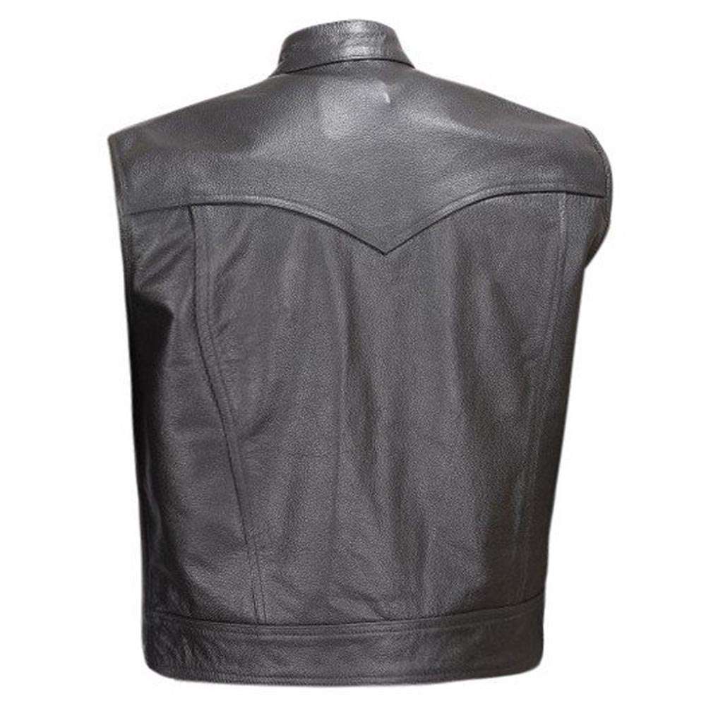 Back view of a black cowhide leather motorcycle vest with polyester lining and back panels
