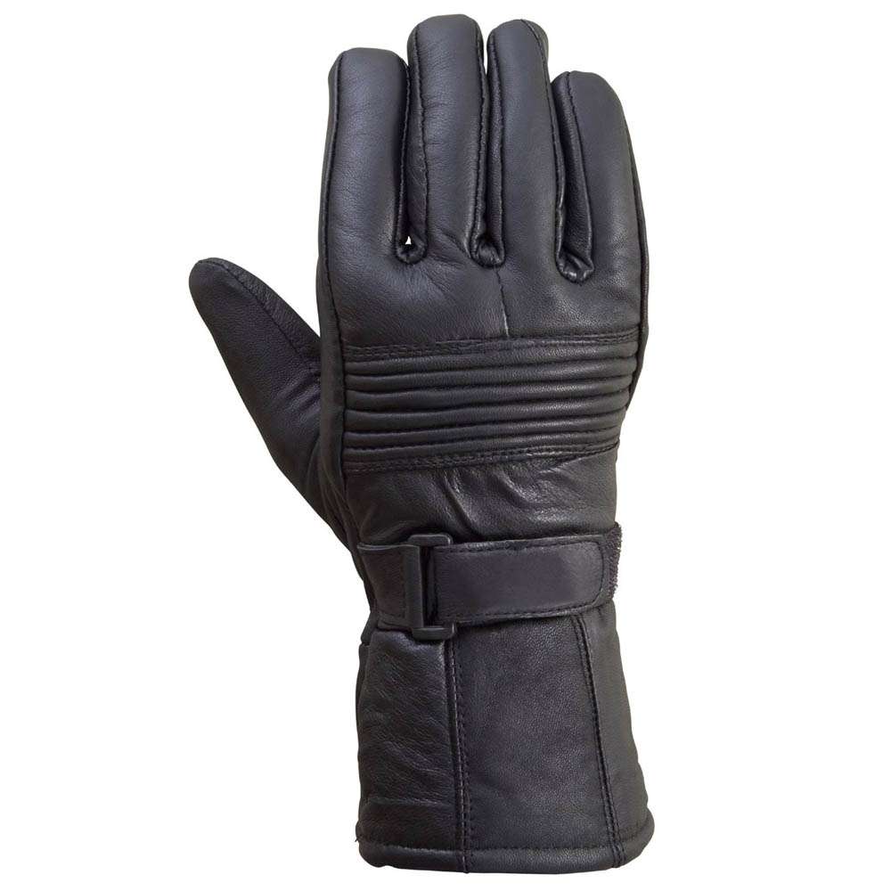 Black drum-dyed cowhide leather motorcycle gloves shown from the back with panels, cuffs, and straps
