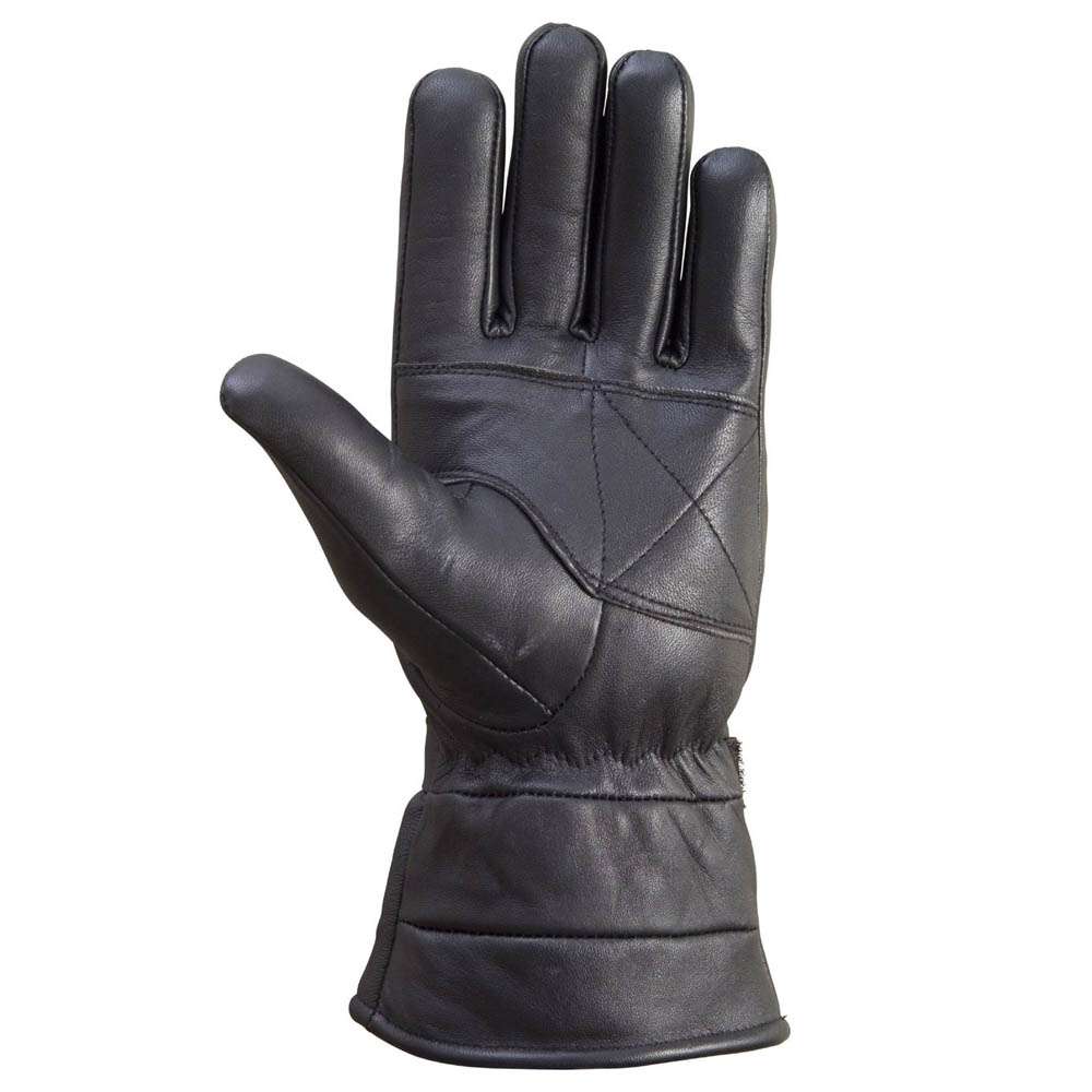 Front view of black leather motorcycle gloves featuring double stitching and panels