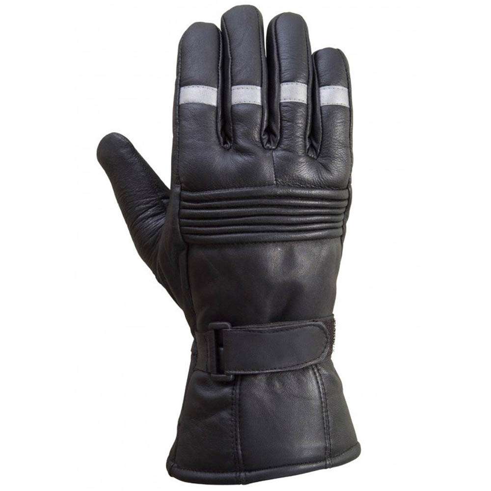 Front view of black sheep leather motorcycle gloves with reflective striping and a wrist strap