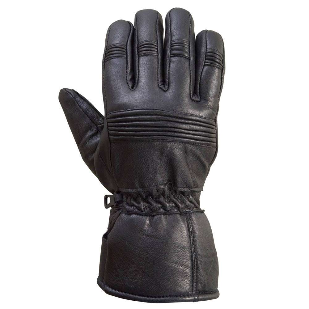 Front view of black sheep leather motorcycle gloves featuring thermal lining and stretch panels