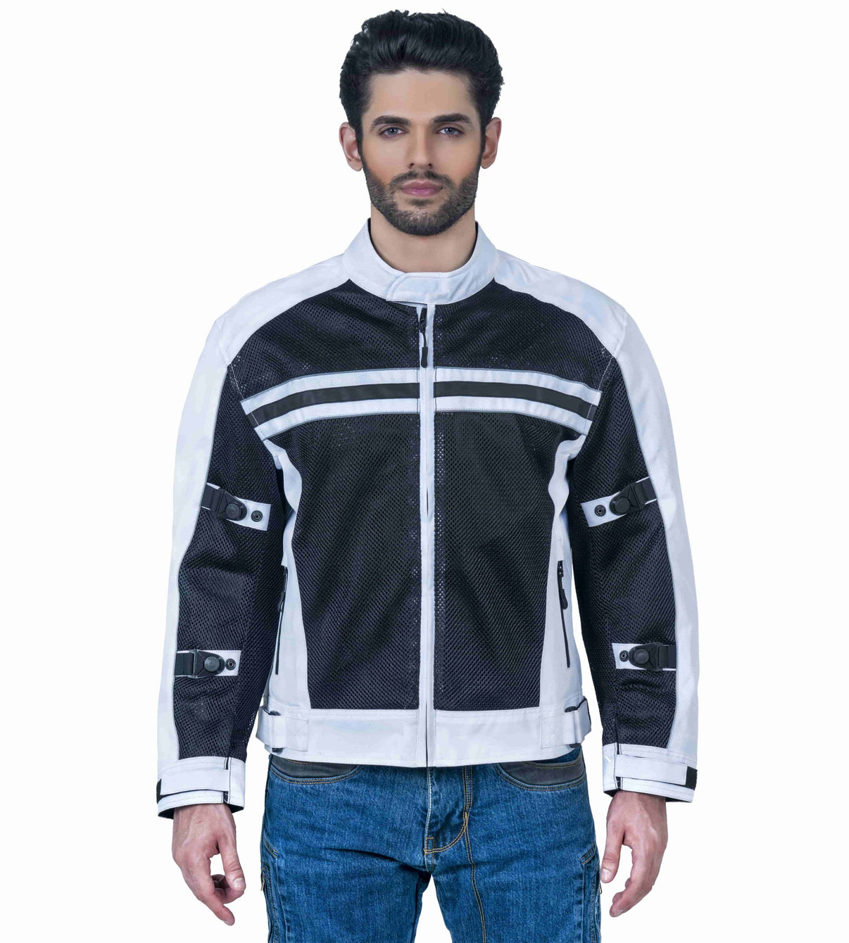 Model wearing a black and white mesh motorcycle jacket with reflective striping and zips