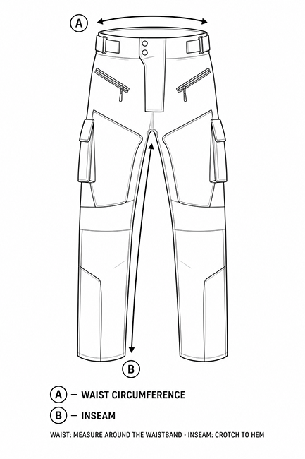 Black and white line art diagram of a motorcycle armored mesh riding pants showing waist and leg measurements, labeled with A for waist circumference and B for inseam.