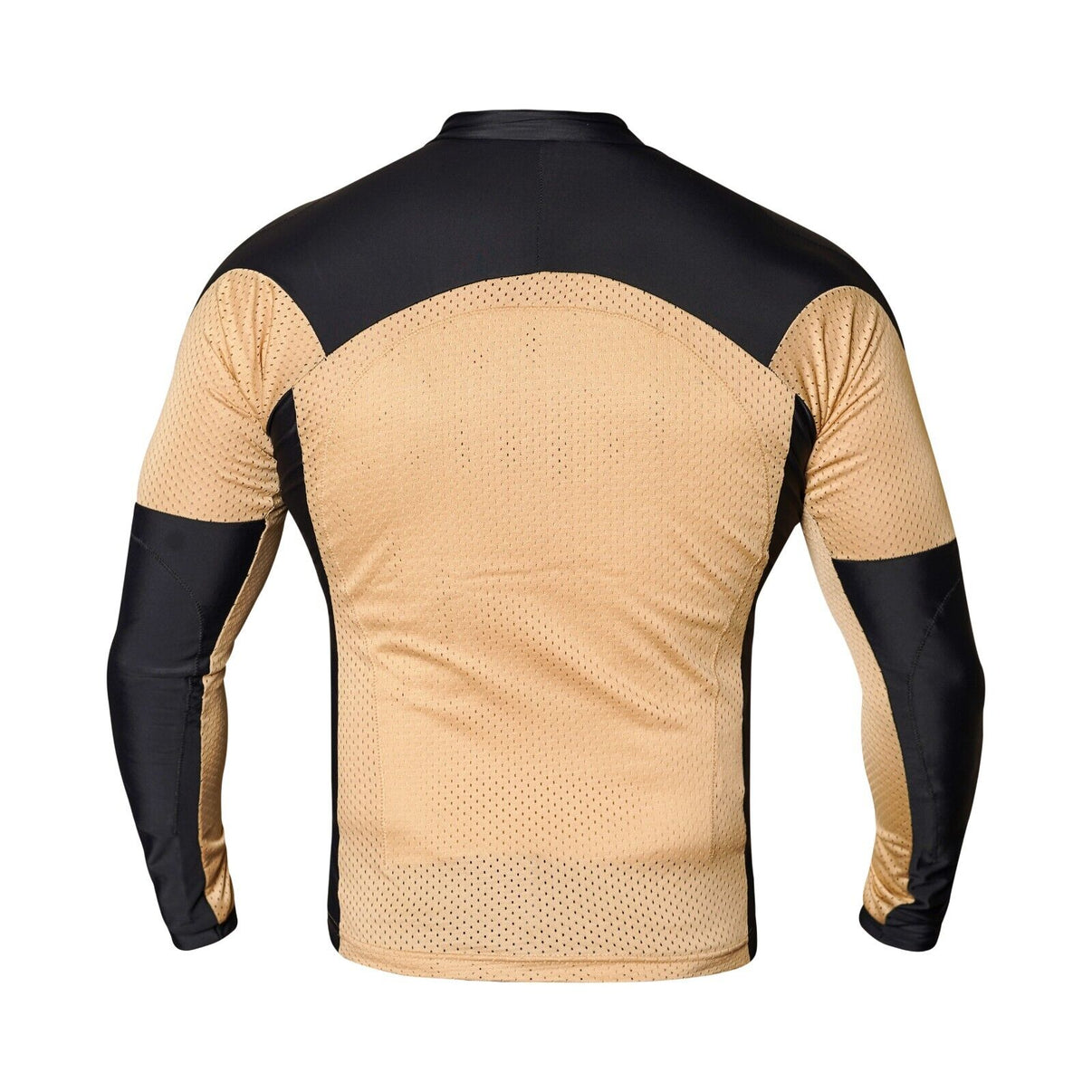 Back view of a tan and black mesh motorcycle riding shirt with mesh panels and double stitching