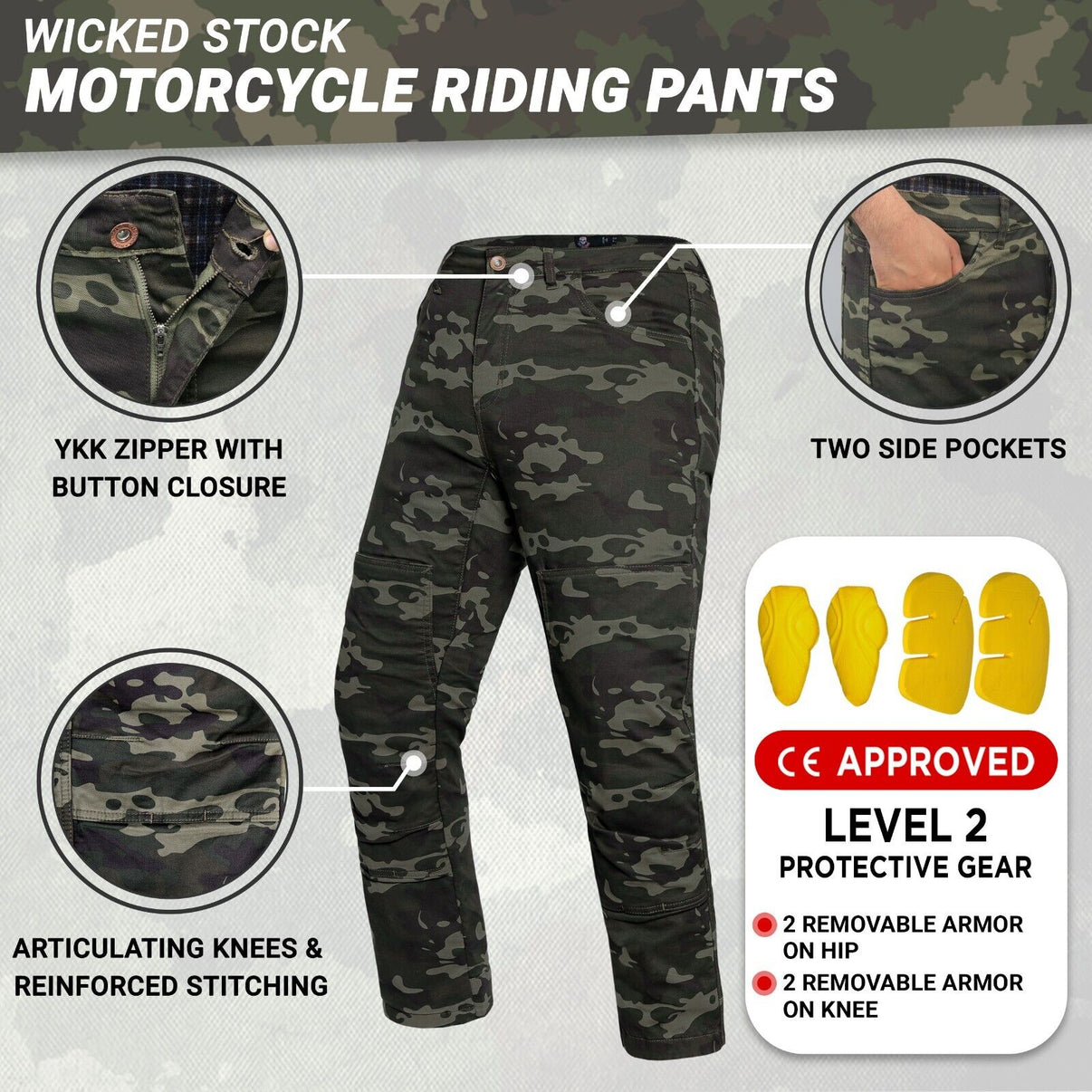 Front view of camo motorcycle riding pants featuring YKK zippers, pockets, and double stitching