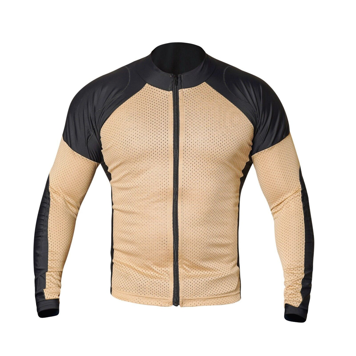 Front view of a beige mesh motorcycle riding shirt with mesh panels and a full-length front zip