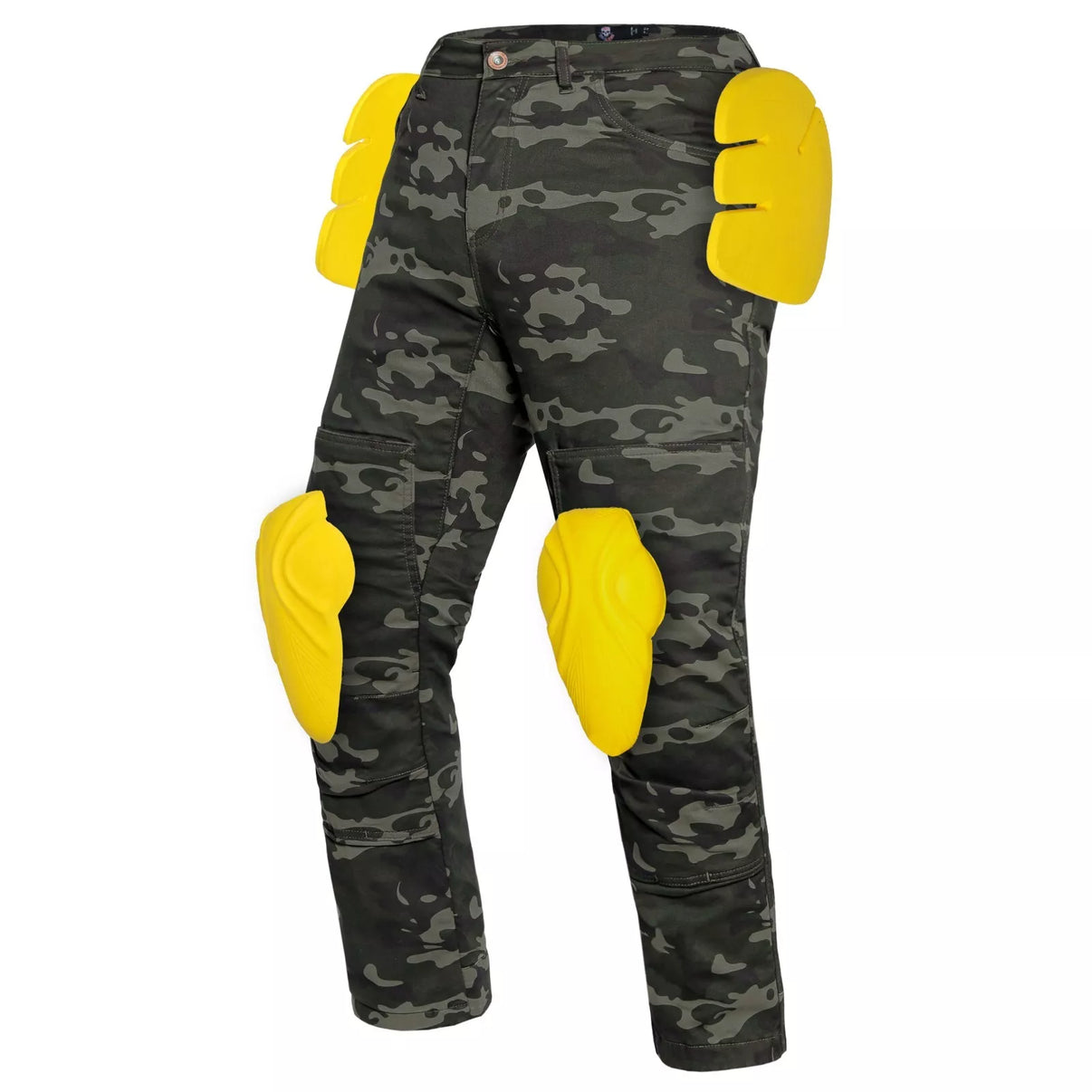 Front view of camo motorcycle riding pants with aramid lining and CE Level 2 knee and hip armor