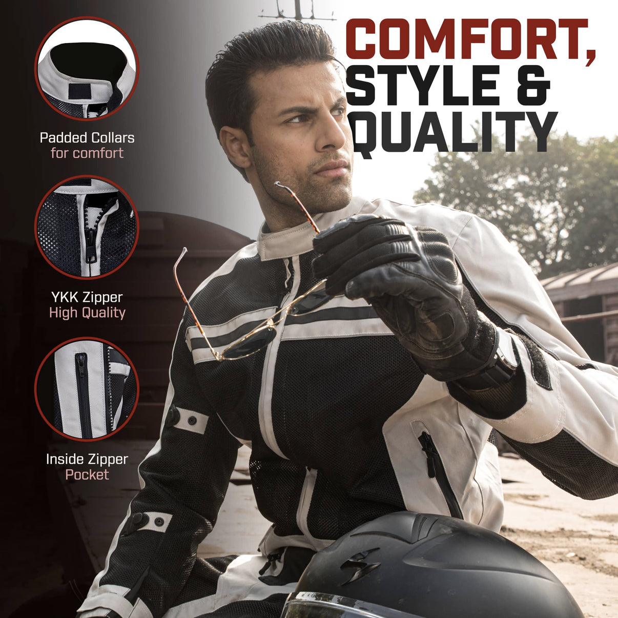 A model wears a black and white mesh motorcycle jacket with zippers and pockets