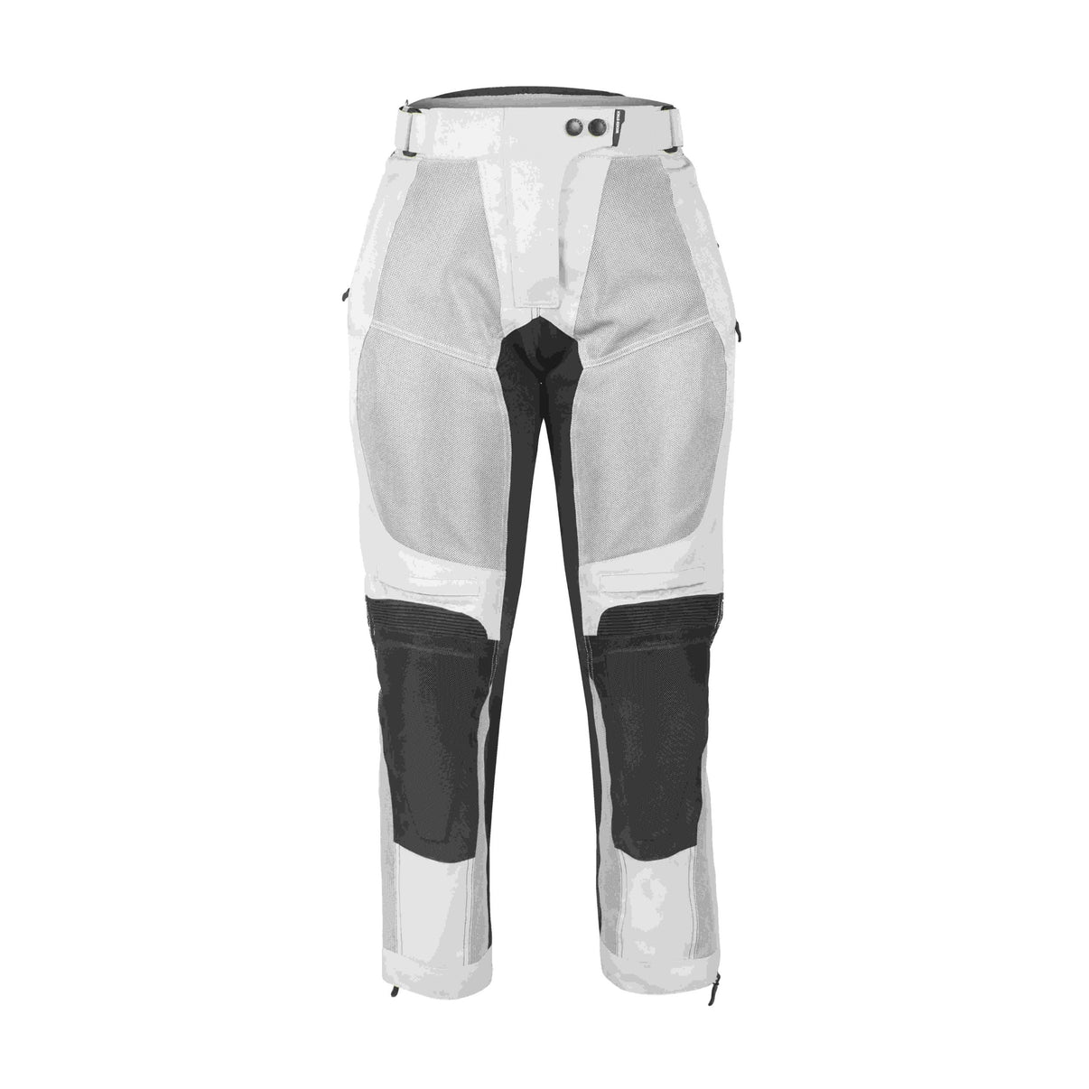 Front view of grey and black mesh motorcycle riding pants with CE Level 1 armor and stretch panels