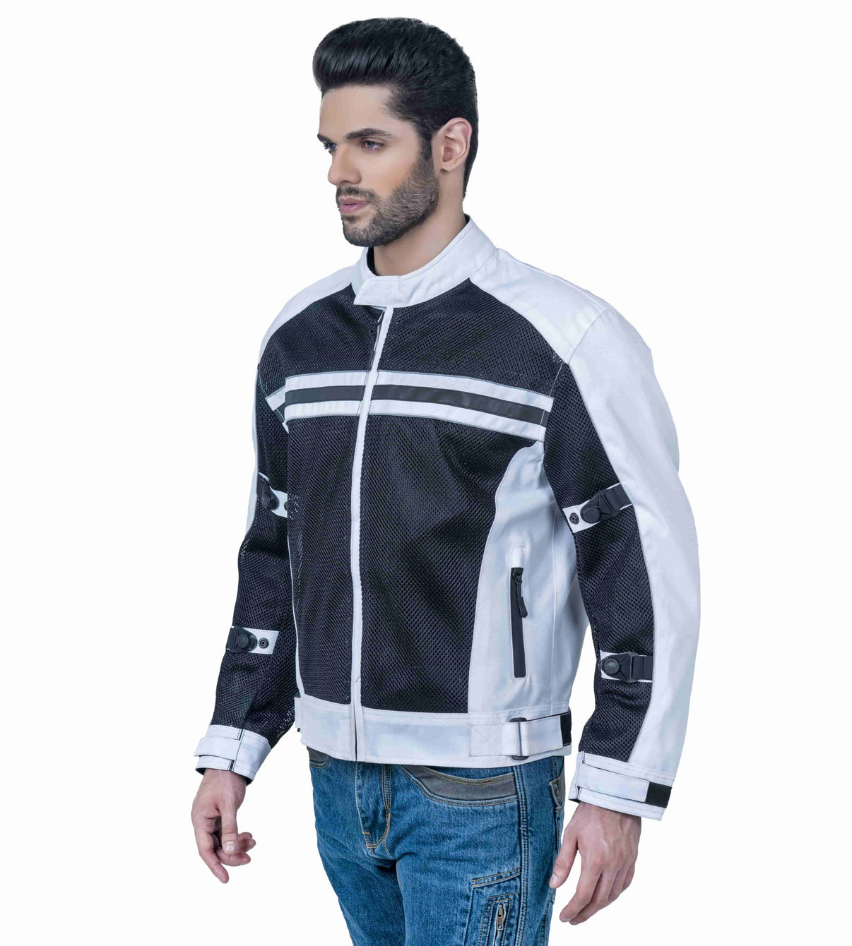 A model wears a black and white mesh motorcycle jacket featuring zippered pockets and reflective striping