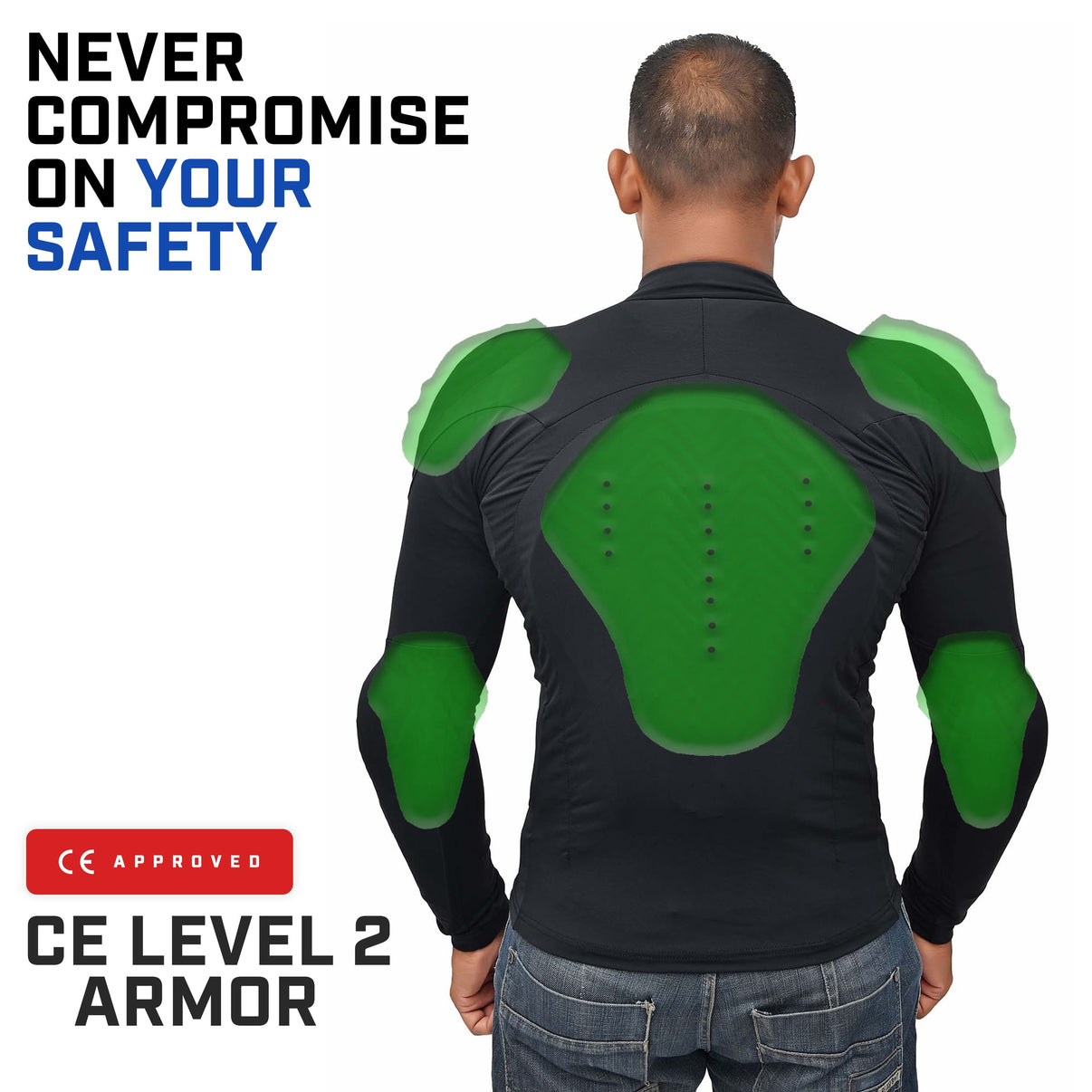 A model wears a black motorcycle riding shirt from the back, showing CE armor