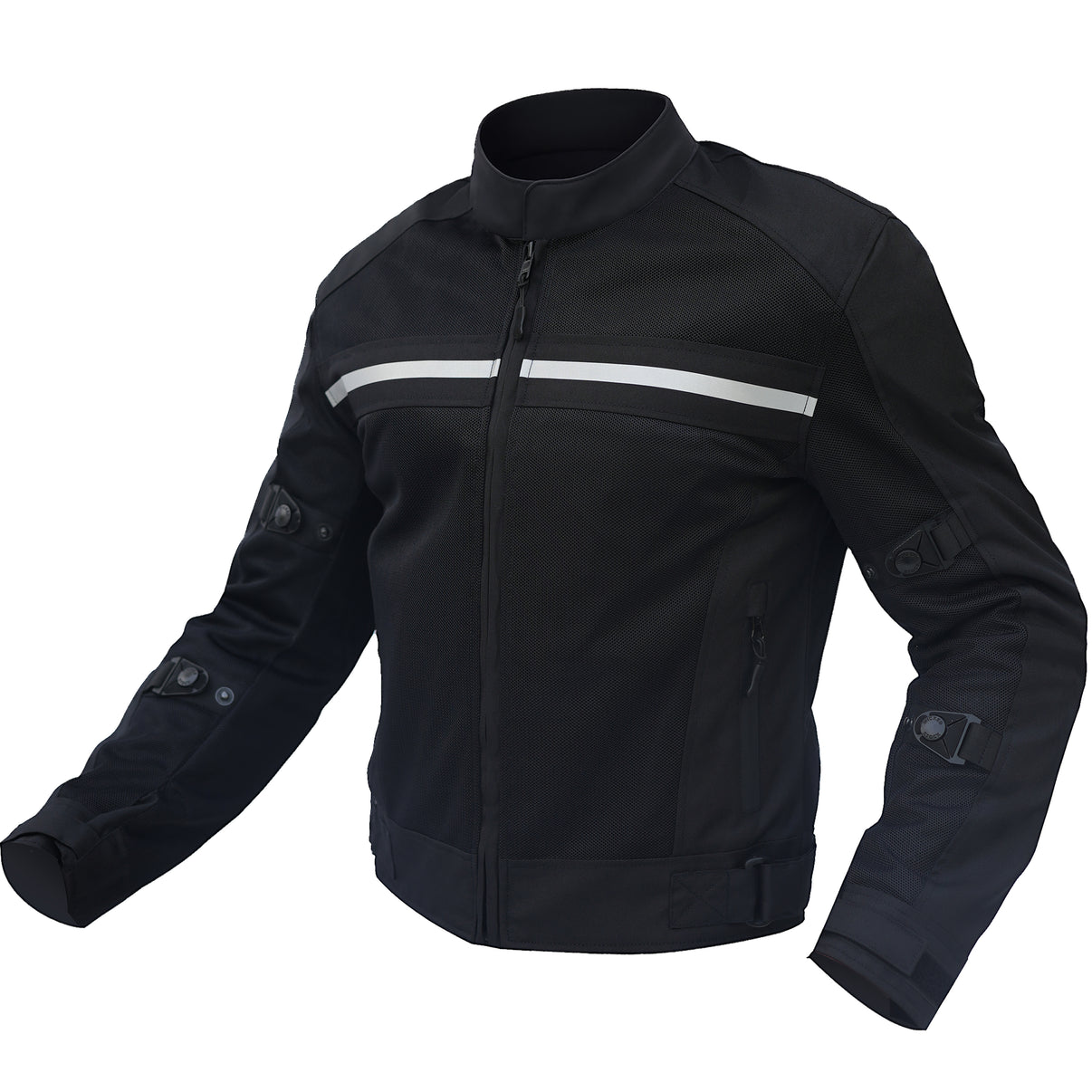 Three-quarter view of a black mesh motorcycle jacket with reflective striping, zips, and straps