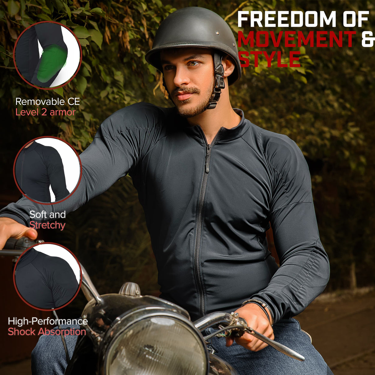 A model wears a grey motorcycle riding shirt with a front zip and CE armor
