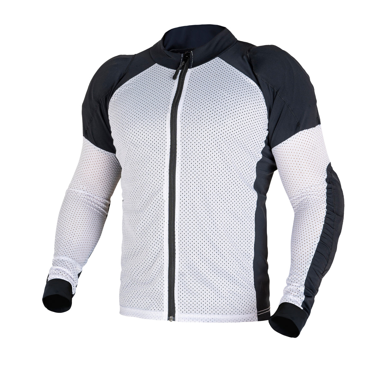 Front view of a white mesh motorcycle riding shirt with mesh panels and a full-length front zip