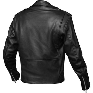 Wicked Stock men's black cowhide leather motorcycle jacket, back three-quarter angle showing zippered cuffs and clean panel stitching