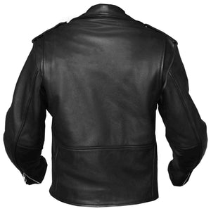 Wicked Stock men's black cowhide leather motorcycle jacket, straight back view showing full panel construction and zippered cuffs