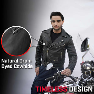 Man wearing Wicked Stock black cowhide leather motorcycle jacket beside a bike, closeup showing natural drum-dyed leather texture
