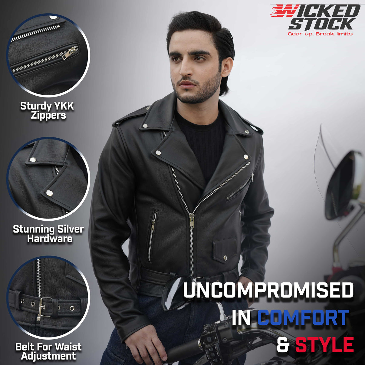 Wicked Stock men's black leather biker jacket with sturdy YKK zippers, silver hardware and adjustable waist belt