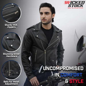 Wicked Stock men's black leather biker jacket with sturdy YKK zippers, silver hardware and adjustable waist belt